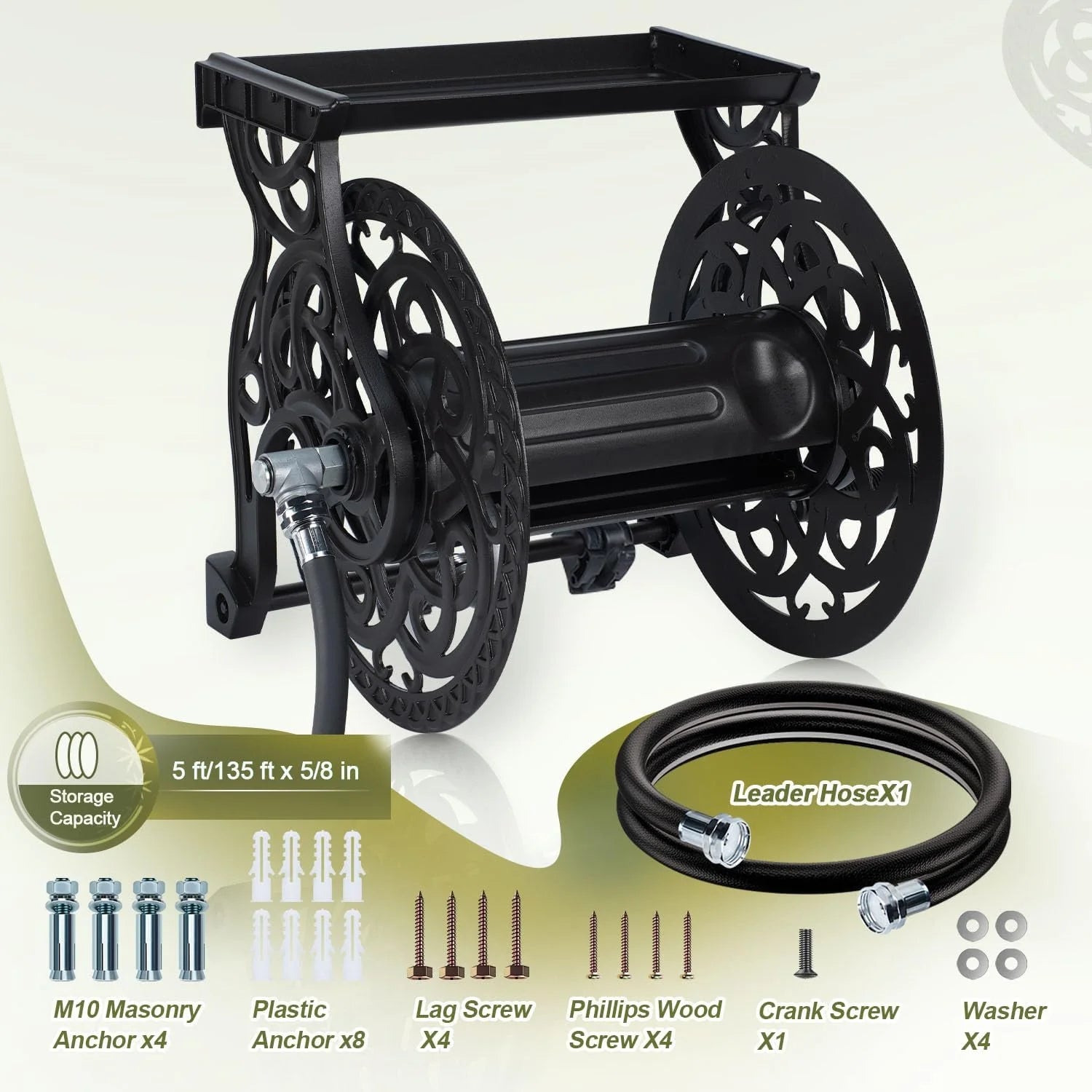 New Arrivals Wall Mount Garden Hose Reel for Outside, Holds 125 ft x 5/8" Hose Storage, Decorative Heavy Duty Water Hose - Image 6