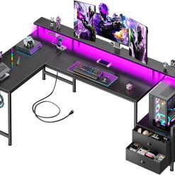 Alternative view of New Arrivals 66” L Shaped Gaming Desk with Drawers and Storage Shelves, Reversible Corner Desk with Power Outlets and Host