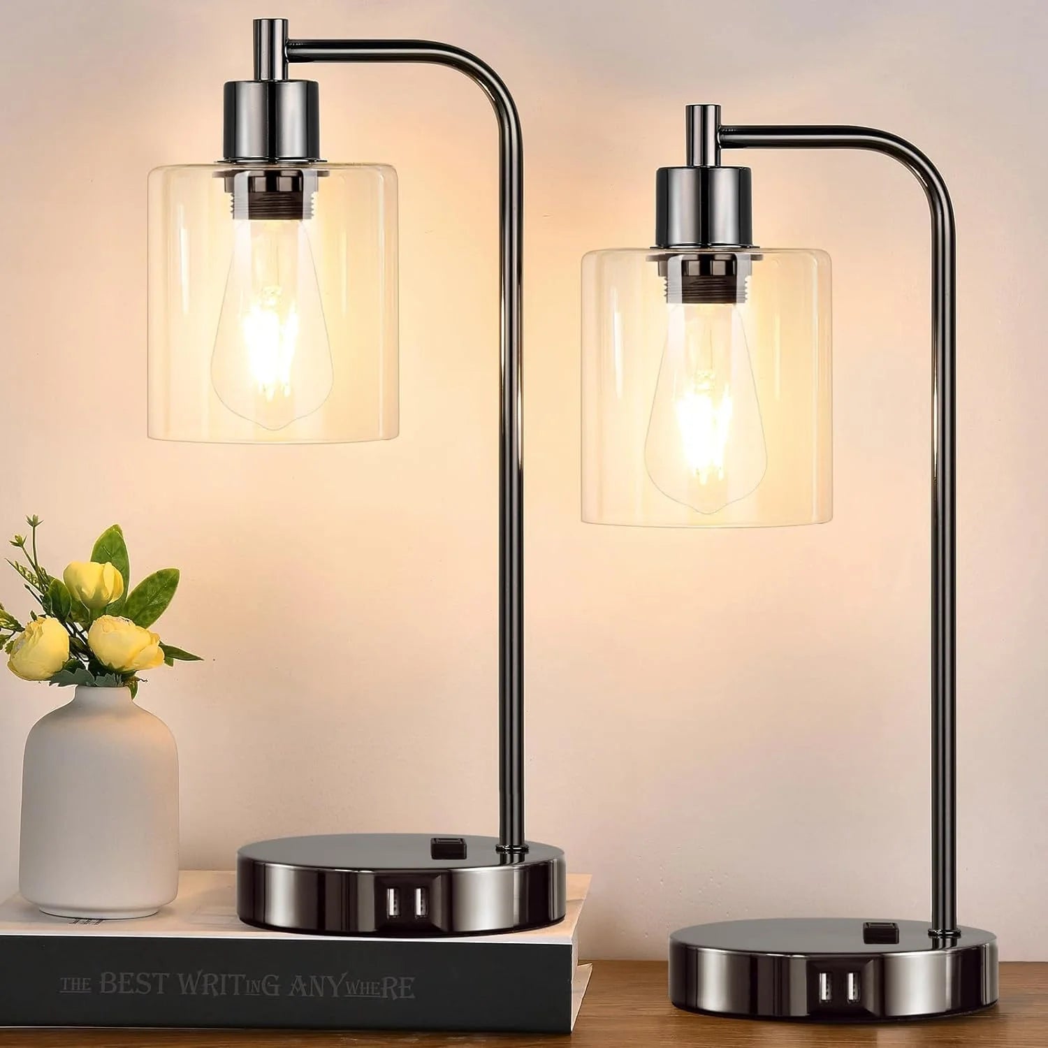 Set of 2 Industrial Touch Control Table Lamps with USB C+A Ports and AC Outlet, Dimmable, Bulb Included bifanuoyard - Image 9