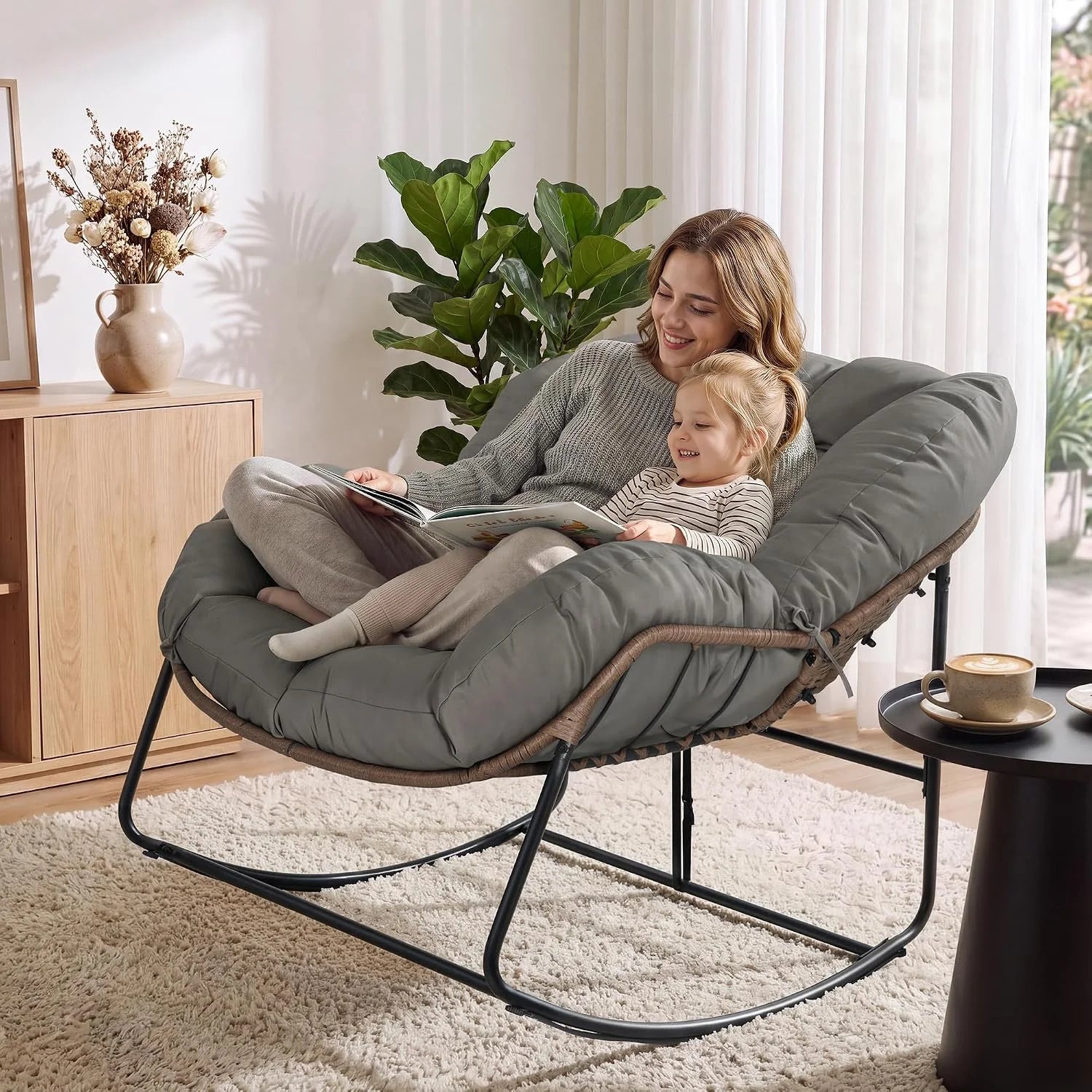 Bifanuo Oversized Egg Rocking Chair for Indoor/Outdoor – All-Weather Wicker Rattan Lounge Chair with Cushion - Image 4