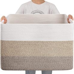 New Arrivals Blanket Basket, 25”x16”x16”(108L) Rectangle Woven Storage Baskets, Cotton Rope Basket For Living Room
