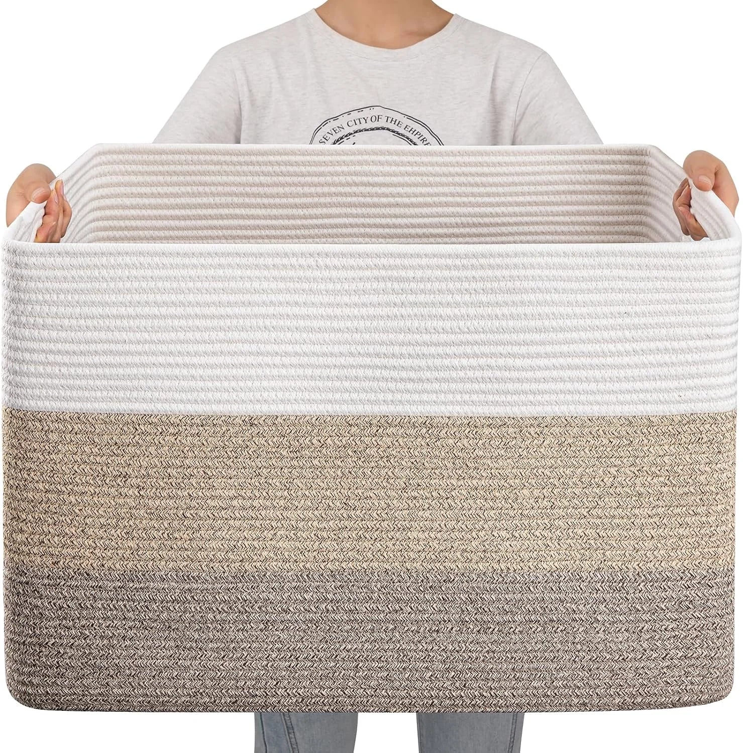 New Arrivals Blanket Basket, 25”x16”x16”(108L) Rectangle Woven Storage Baskets, Cotton Rope Basket For Living Room
