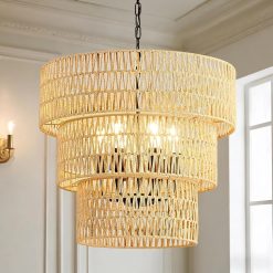 Large Farmhouse Chandeliers for Dining Room, 6-Light 19.7″ Rattan Boho Chandeliers with Wicker Lampshade