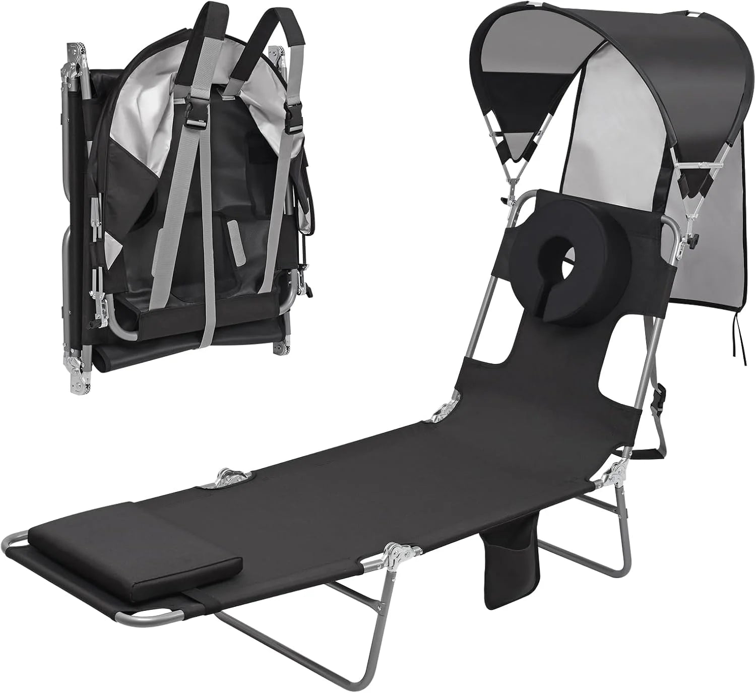 New Arrivals Beach Tanning Lounge Chair with Canopy Shade Face Hole Padded Adjustable Washable, 6 Position Layout Chair