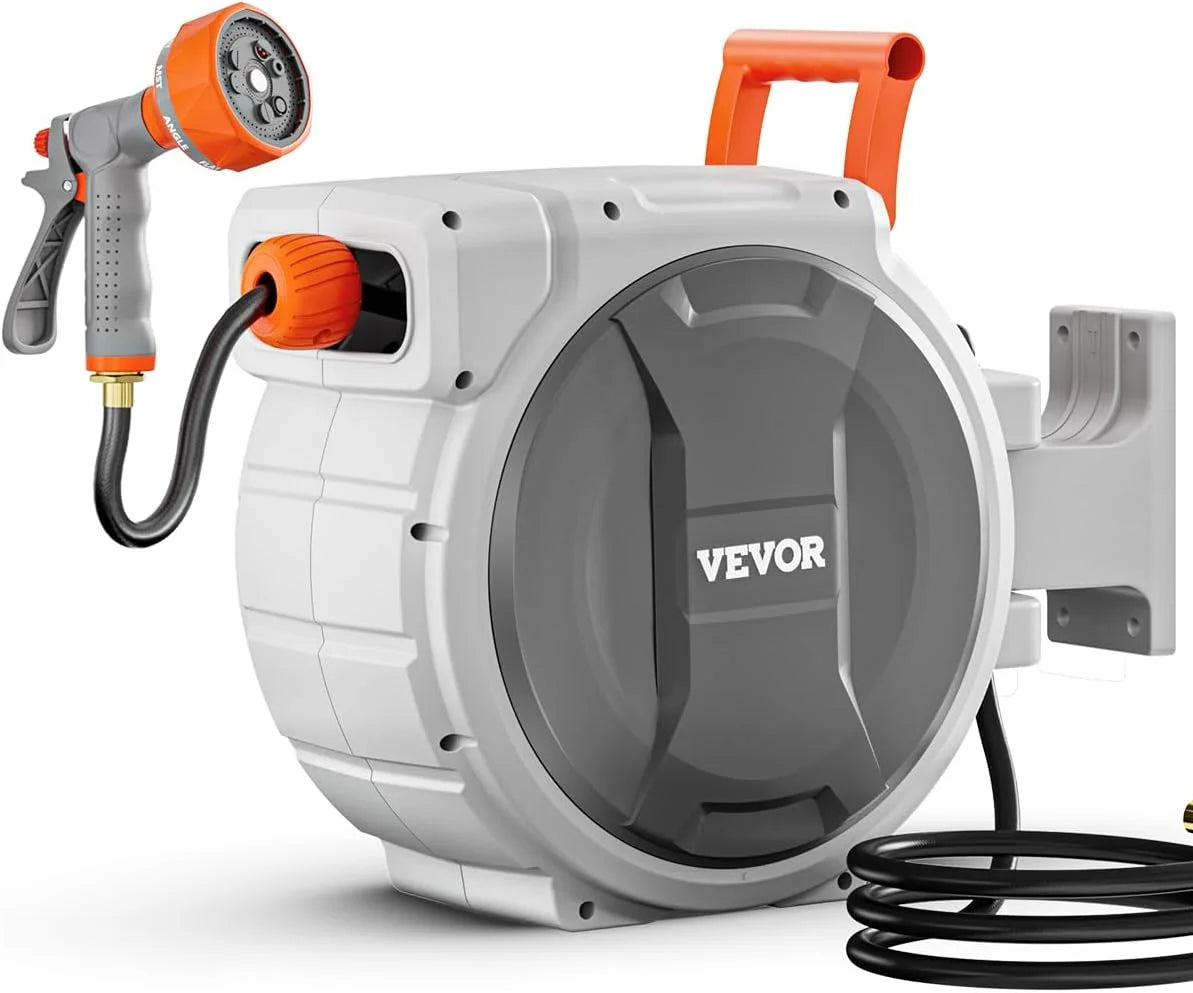 New Arrivals Retractable Garden Hose Reel, 5/8 Inch x 100 ft Wall Mounted Hose Reel, Heavy Duty Garden Hose Reel with 9