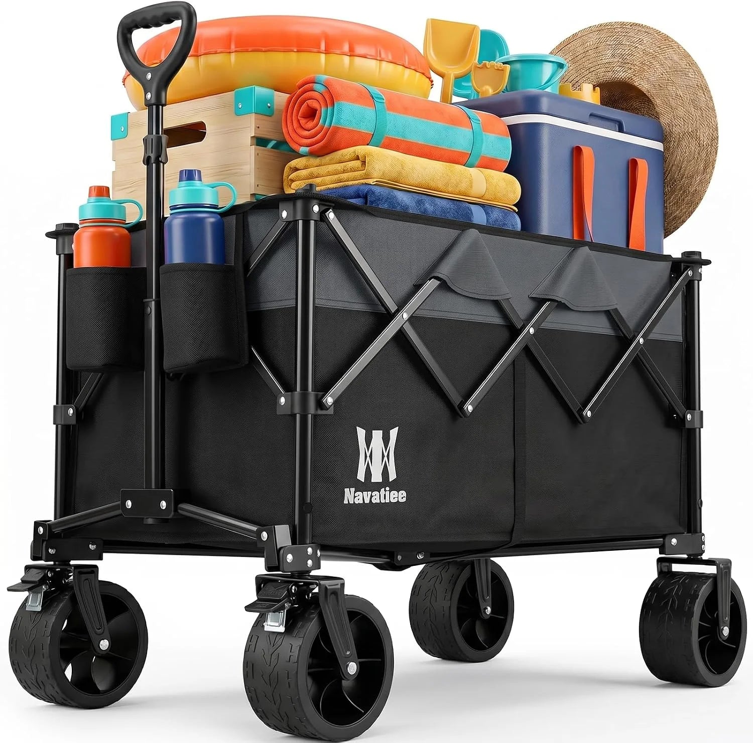 330Lbs Collapsible Folding Wagon, Beach Wagon Cart Heavy Duty Foldable with Big Wheels - Image 3