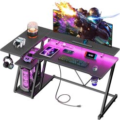 New Arrivals 40 Inch Gaming Desk with Power Outlet & LED Lights, L Shaped Computer Gaming Table with 3 Tiers Storage Shelves