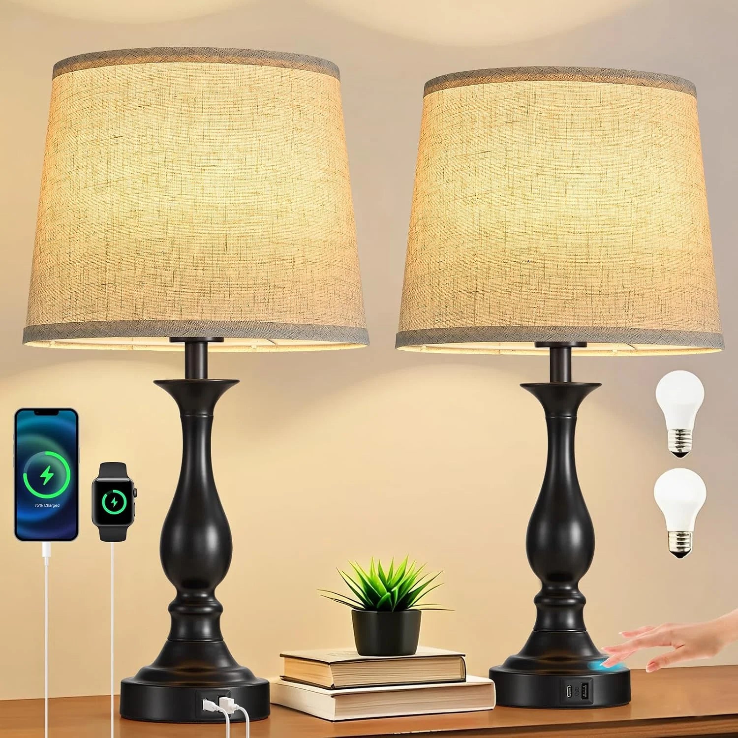 Bedside Table Lamp Touch Control Bedroom Lamps with USB A and C Charging Port 3 Way Dimmable Touch Lamps for Nightstand bifanuoyard - Image 6