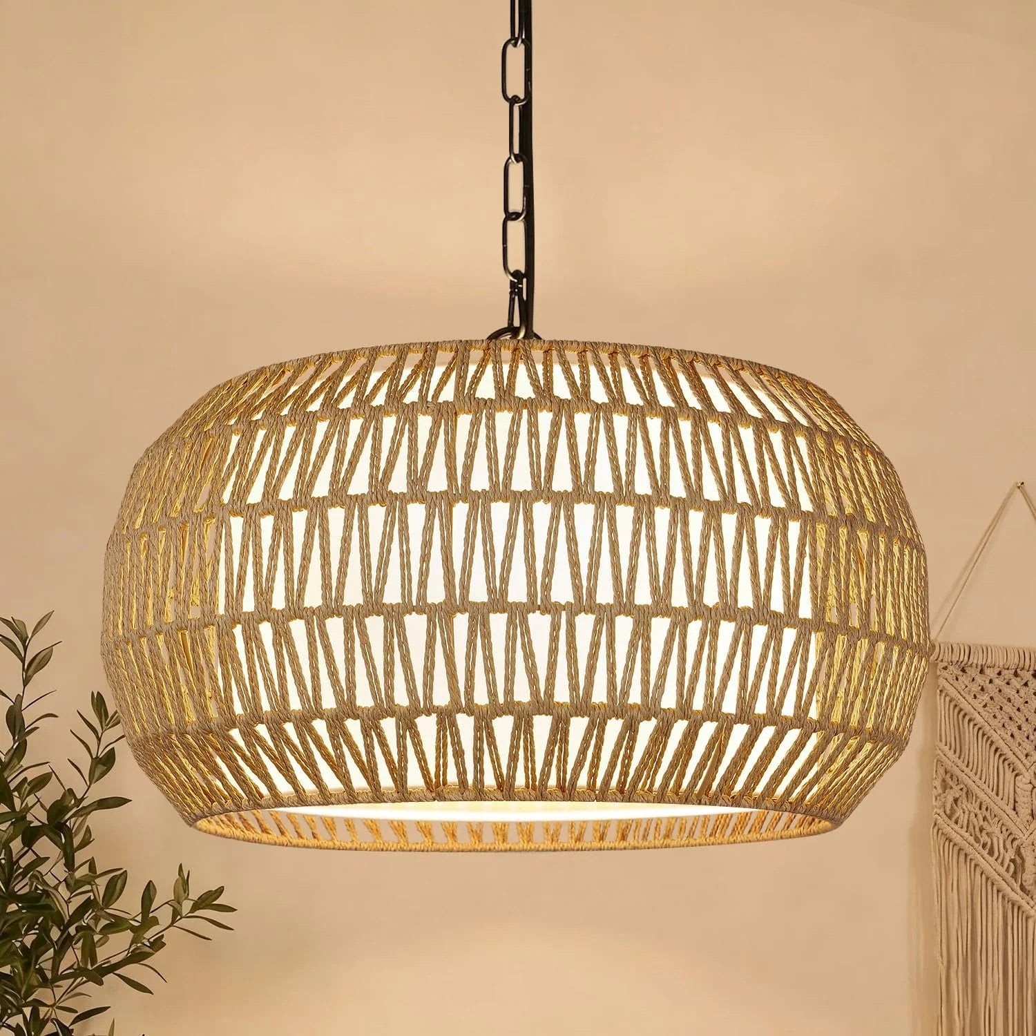 9-52 Height Adjustable Farmhouse Chandelier Light Fixture, 5-Light Rattan Boho Chandeliers for Dining Room bifanuoyard