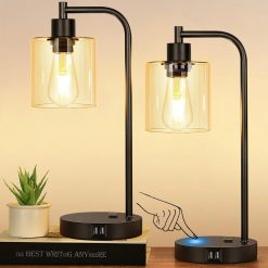 Set of 2 Industrial Touch Control Table Lamps with USB C+A Ports and AC Outlet, Dimmable, Bulb Included bifanuoyard
