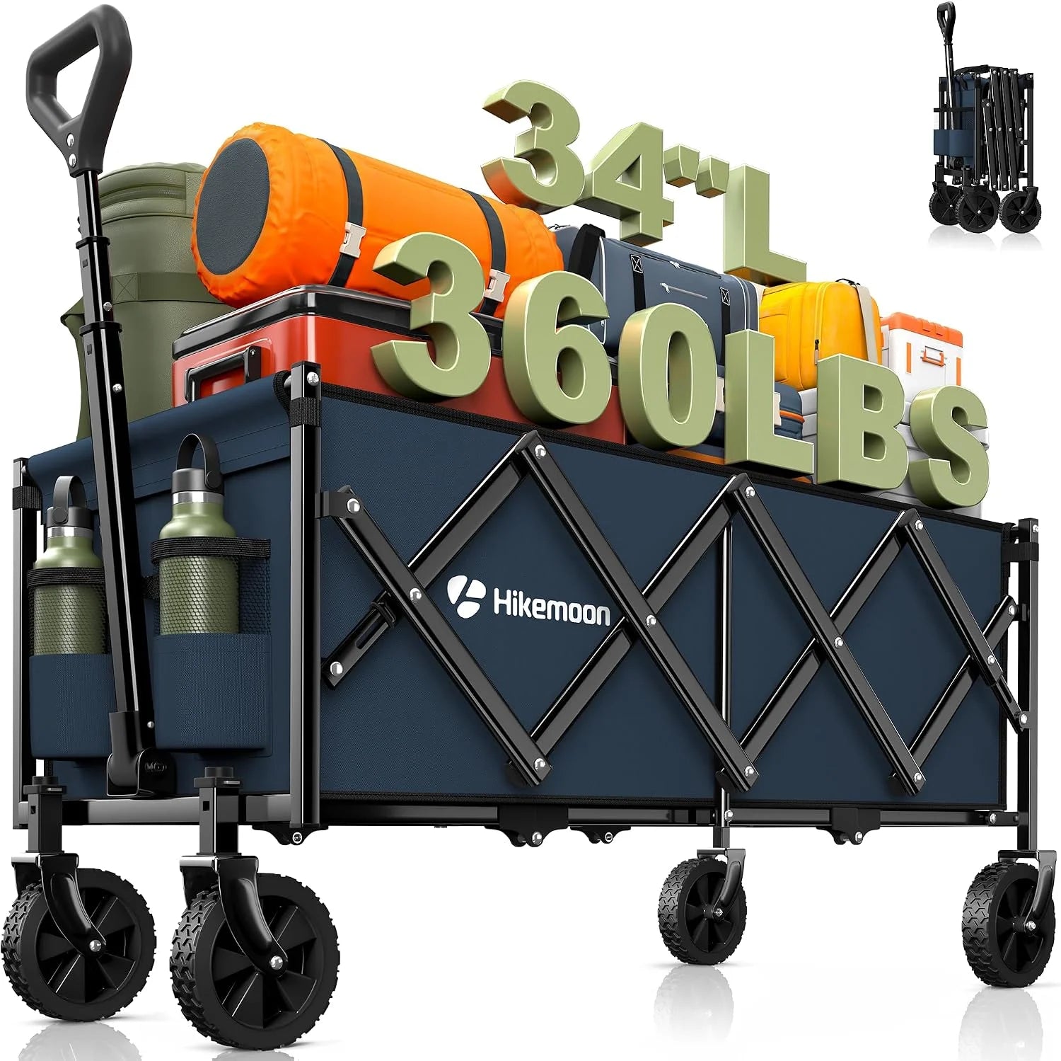 New Arrivals 34” Extra Long Folding Portable Wagon Cart, 120L 360LBS Black - Image 2